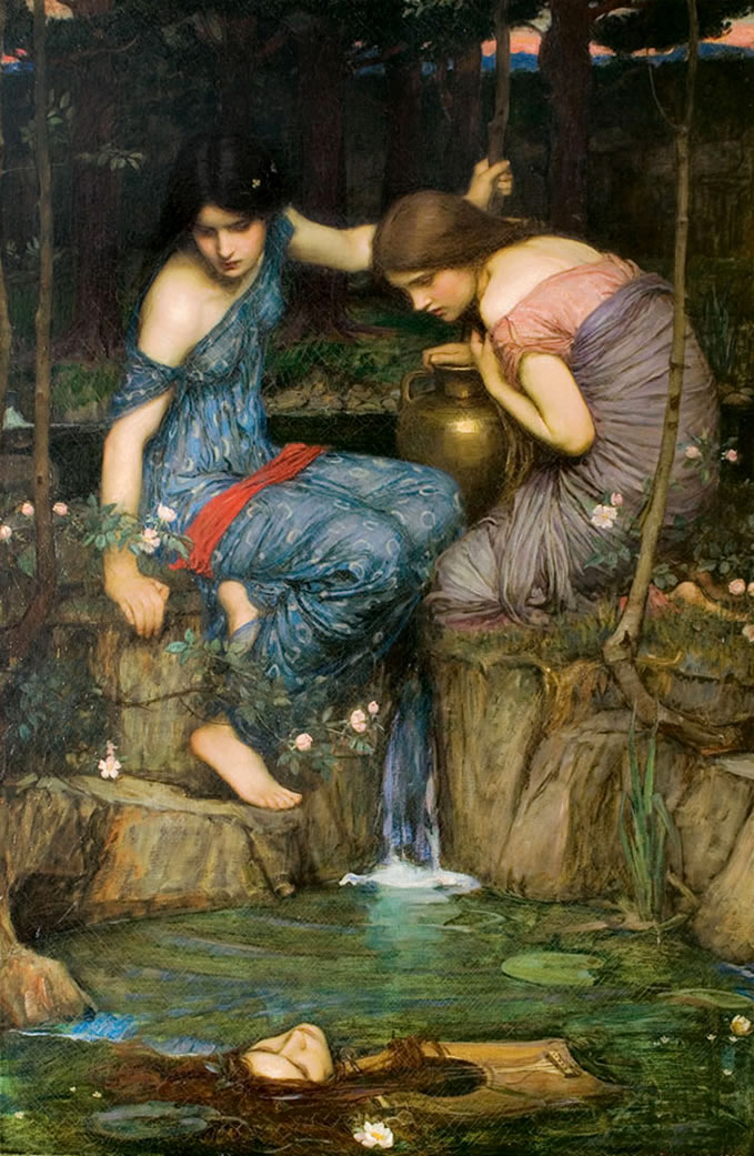 Nymphs Finding the Head of Orpheus, a painting by John William Waterhouse: two nymphs at a woodland pool look down at the head of Orpheus floating among the lilies